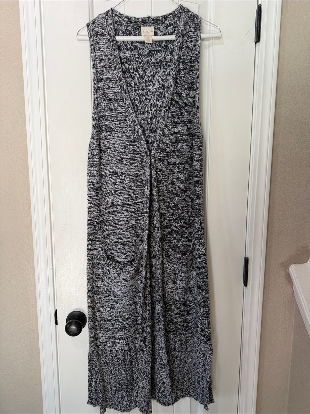 Chico's Black and White Marled Sleeveless Long Knit Vest